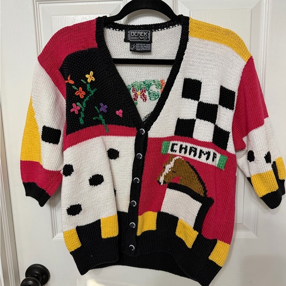 VINTAGE‎ BEREK hand knit horse equestrian button front cardigan sweater - Picture 2 of 11